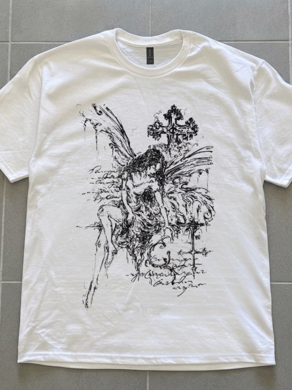 Gildan White Tee with Black Gothic Angel Graphic